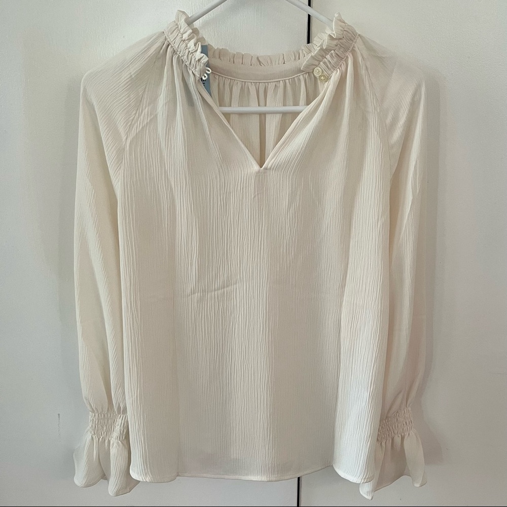 LOFT Ivory Semi-Sheer Long Sleeve V-Neck Blouse, Women's Size XSP, NWT